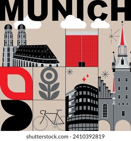 Typography word “Munich” branding technology concept. Collection of flat vector web icons. Culture travel set, famous architectures, specialties detailed silhouette. German famous landmark	