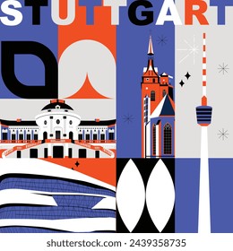 Typography word “Stuttgart” branding technology concept. Collection of flat vector web icons. Culture travel set, famous architectures, specialties detailed silhouette. German famous landmark