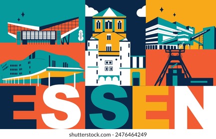 Typography word “Essen” branding technology concept. Collection of flat vector web icons. Culture travel set, famous architectures, specialties detailed silhouette. German famous landmark