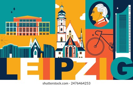 Typography word “Leipzig” branding technology concept. Collection of flat vector web icons. Culture travel set, famous architectures, specialties detailed silhouette. German famous landmark