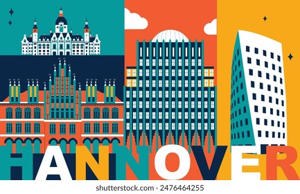 Typography word “Hannover” branding technology concept. Collection of flat vector web icons. Culture travel set, famous architectures, specialties detailed silhouette. German famous landmark