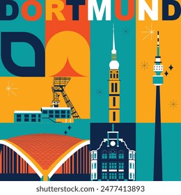 Typography word “Dortmund” branding technology concept. Collection of flat vector web icons. Culture travel set, famous architectures, specialties detailed silhouette. German famous landmark