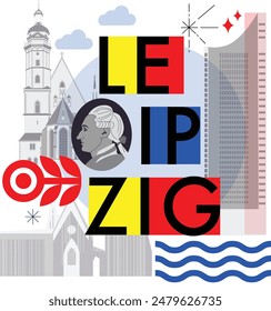 Typography word “Leipzig” branding technology concept. Collection of flat vector web icons. Culture travel set, famous architectures, specialties detailed silhouette. German famous landmark