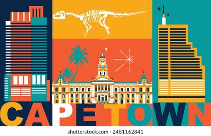 Typography word “Capetown” branding technology concept. Collection of flat vector web icons. Culture travel set, famous architectures, specialties detailed silhouette. SAR African famous landmark