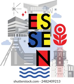 Typography word “Essen” branding technology concept. Collection of flat vector web icons. Culture travel set, famous architectures, specialties detailed silhouette. German famous landmark