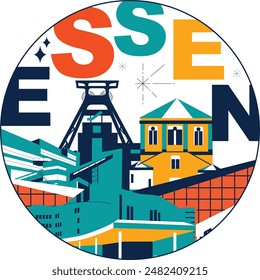 Typography word “Essen” branding technology concept. Collection of flat vector web icons. Culture travel set, famous architectures, specialties detailed silhouette. German famous landmark