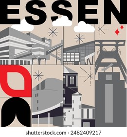 Typography word “Essen” branding technology concept. Collection of flat vector web icons. Culture travel set, famous architectures, specialties detailed silhouette. German famous landmark