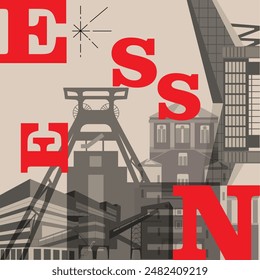 Typography word “Essen” branding technology concept. Collection of flat vector web icons. Culture travel set, famous architectures, specialties detailed silhouette. German famous landmark