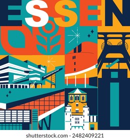 Typography word “Essen” branding technology concept. Collection of flat vector web icons. Culture travel set, famous architectures, specialties detailed silhouette. German famous landmark