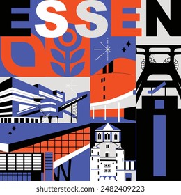 Typography word “Essen” branding technology concept. Collection of flat vector web icons. Culture travel set, famous architectures, specialties detailed silhouette. German famous landmark