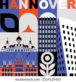 Palavra tipográfica "Hannover" conceito de tecnologia de marca. Coleção de ícones da Web de vetor plano. Conjunto de viagem cultura, arquiteturas famosas, especialidades silhueta detalhada. Marco alemão famoso