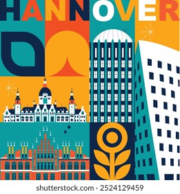 Palavra tipográfica "Hannover" conceito de tecnologia de marca. Coleção de ícones da Web de vetor plano. Conjunto de viagem cultura, arquiteturas famosas, especialidades silhueta detalhada. Marco alemão famoso