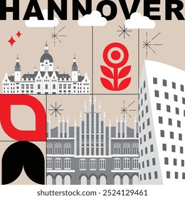 Palavra tipográfica "Hannover" conceito de tecnologia de marca. Coleção de ícones da Web de vetor plano. Conjunto de viagem cultura, arquiteturas famosas, especialidades silhueta detalhada. Marco alemão famoso