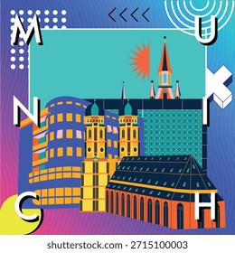 Concepto de tecnología de marca de la palabra tipográfica “Munich”. Colección de iconos planos de la web del Vector. Conjunto de viaje cultural, arquitecturas famosas de Memphis, especialidades silueta detallada. Lugar famoso famoso alemán