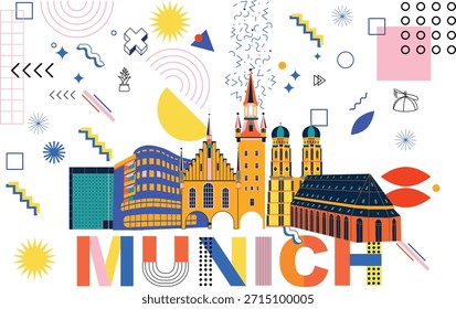 Concepto de tecnología de marca de la palabra tipográfica “Munich”. Colección de iconos planos de la web del Vector. Conjunto de viaje cultural, arquitecturas famosas de Memphis, especialidades silueta detallada. Lugar famoso famoso alemán
