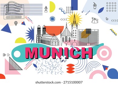 Concepto de tecnología de marca de la palabra tipográfica “Munich”. Colección de iconos planos de la web del Vector. Conjunto de viaje cultural, arquitecturas famosas de Memphis, especialidades silueta detallada. Lugar famoso famoso alemán