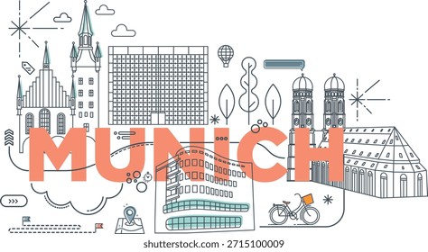 Concepto de tecnología de marca de la palabra tipográfica “Munich”. Colección de iconos planos de la web del Vector. Conjunto de viaje cultural, arquitecturas famosas de Memphis, especialidades silueta detallada. Lugar famoso famoso alemán