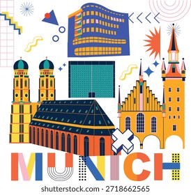 Concepto de tecnología de marca de la palabra tipográfica “Munich”. Colección de iconos planos de la web del Vector. Conjunto de viaje cultural, arquitecturas famosas de Memphis, especialidades silueta detallada. Lugar famoso famoso alemán