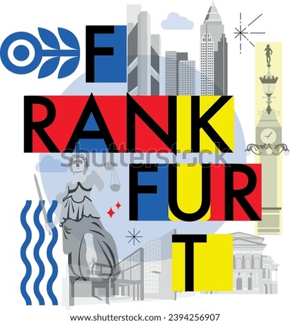 Typography word “Frankfurt” branding technology concept. Collection of flat vector web icons. Culture travel set, famous architectures, specialties detailed silhouette. German famous landmark