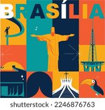 Typography word "Brasilia" branding technology concept. Collection of flat vector web icons, culture travel set, famous architectures and specialties detailed silhouette. Brazilian famous landmark.