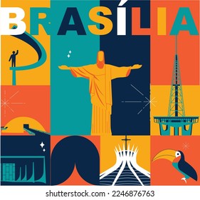 Typografisches Wort "Brasilia" Branding Technologie Konzept. Sammlung von flachen Vektorgrafiken Web-Icons, Kultur-Reise-Set, berühmte Architekturen und Spezialitäten detaillierte Silhouette. Brasilianisches berühmtes Wahrzeichen.