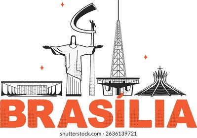 Typography word "Brasilia" branding technology concept. Collection of flat vector web icons, culture travel set, famous architectures and specialties detailed silhouette. Brazilian famous landmark.