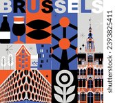 Typography word "Brussels" branding technology concept. Collection of flat vector web icons. Culture travel set, famous architectures, specialties detailed silhouette. Belgium famous landmark