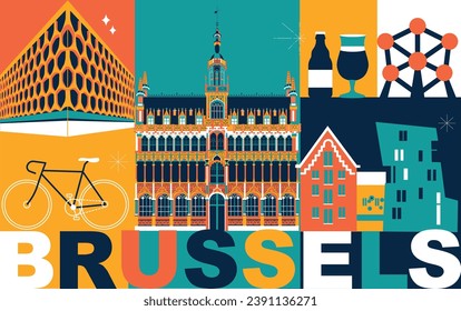 La palabra tipográfica "Bruselas" marca el concepto de tecnología. Colección de iconos web vectoriales planos. Juego de viajes culturales, famosas arquitecturas, especialidades y silueta detallada. Punto de referencia famoso de Bélgica