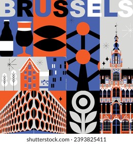 La palabra tipográfica "Bruselas" marca el concepto de tecnología. Colección de iconos web vectoriales planos. Juego de viajes culturales, famosas arquitecturas, especialidades y silueta detallada. Punto de referencia famoso de Bélgica