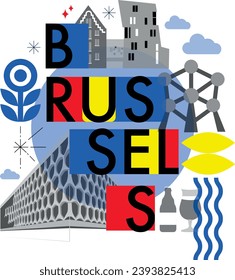 Typography word "Brussels" branding technology concept. Collection of flat vector web icons. Culture travel set, famous architectures, specialties detailed silhouette. Belgium famous landmark
