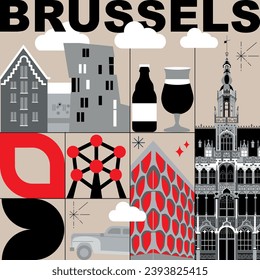 Typography word "Brussels" branding technology concept. Collection of flat vector web icons. Culture travel set, famous architectures, specialties detailed silhouette. Belgium famous landmark