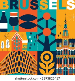 Typography word "Brussels" branding technology concept. Collection of flat vector web icons. Culture travel set, famous architectures, specialties detailed silhouette. Belgium famous landmark