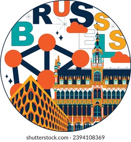 Typography word "Brussels" branding technology concept. Collection of flat vector web icons. Culture travel set, famous architectures, specialties detailed silhouette. Belgium famous landmark