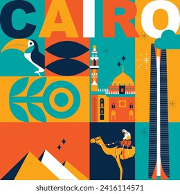 Typography word Cairo branding technology concept. Collection of flat vector web icons. Egypt culture travel set, architectures, specialties detailed silhouette. Doodle famous landmarks.