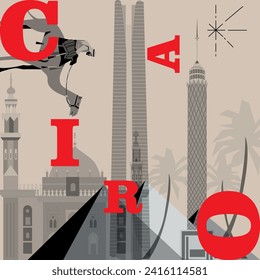 Typography word Cairo branding technology concept. Collection of flat vector web icons. Egypt culture travel set, architectures, specialties detailed silhouette. Doodle famous landmarks.