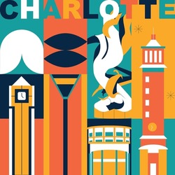 Typography Word Charlotte Branding Technology Concept. Collection Of Flat Vector Web Icons. American Culture Travel Set, Architectures, Specialties Detailed Silhouette. Doodle Famous Landmarks.