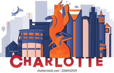 Typography word Charlotte branding technology concept. Collection of flat vector web icons. American culture travel set, architectures, specialties detailed silhouette. Doodle famous landmarks.