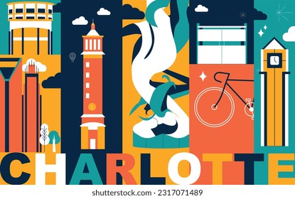Typography word Charlotte branding technology concept. Collection of flat vector web icons. American culture travel set, architectures, specialties detailed silhouette. Doodle famous landmarks.