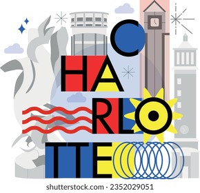Typography word Charlotte branding technology concept. Collection of flat vector web icons. American culture travel set, architectures, specialties detailed silhouette. Doodle famous landmarks.