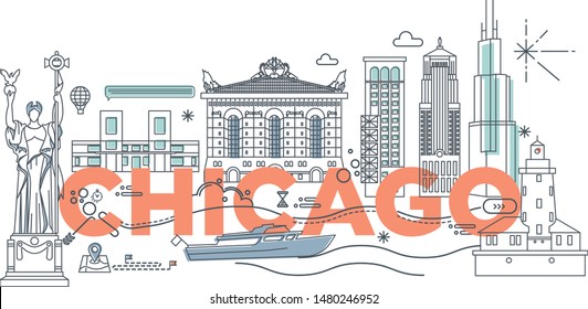 Typography word Chicago branding technology concept. Collection of flat vector web icons. American culture travel set, architectures, specialties detailed silhouette. Doodle famous landmarks.