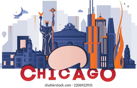 Typography word Chicago branding technology concept. Collection of flat vector web icons. American culture travel set, architectures, specialties detailed silhouette. Doodle famous landmarks.