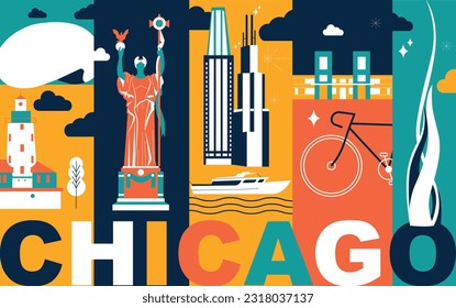 Typography word Chicago branding technology concept. Collection of flat vector web icons. American culture travel set, architectures, specialties detailed silhouette. Doodle famous landmarks.