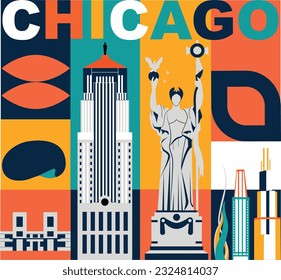 Typography word Chicago branding technology concept. Collection of flat vector web icons. American culture travel set, architectures, specialties detailed silhouette. Doodle famous landmarks.