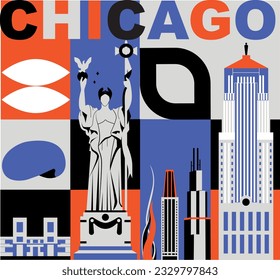 Tipografía palabra concepto de tecnología de marca Chicago. Colección de iconos web vectoriales planos. juego de viajes de cultura americana, arquitectura, especialidades de silueta detallada. Lugares famosos de Doodle.