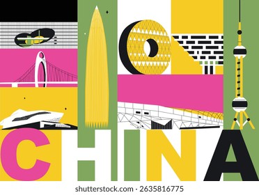 Typography word China branding technology concept. Collection of flat vector web icons. Chinese culture travel set, architectures, specialties detailed silhouette. Doodle Asian famous landmarks.