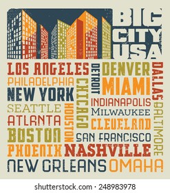  typography word collage design with many big United States cIties