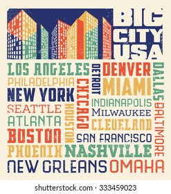  typography word collage design with many big United States cities