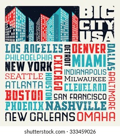  typography word collage design with many big United States cities