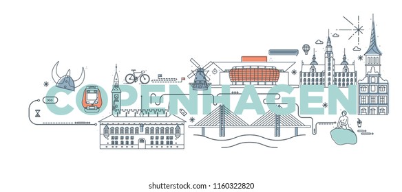 Typography word "Copenhagen" branding technology concept. Collection of flat vector web icons. Culture travel set, famous architectures, specialties detailed silhouette. Denmark famous landmark