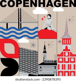 Typografie Wort "Kopenhagen" Branding Technologie Konzept. Sammlung von flachen Vektorgrafiken im Web. Kulturreiseangebot, berühmte Architekturen, Spezialitäten detaillierte Silhouette. Dänemark berühmtes Wahrzeichen